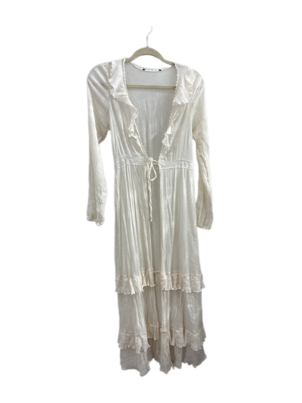 Forever 21 Cream Ruffle-Trim Long Tie-Front Robe